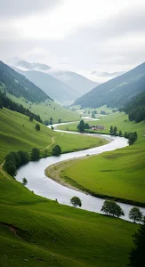 Winding River Valley Misty Green Mountain Landscape