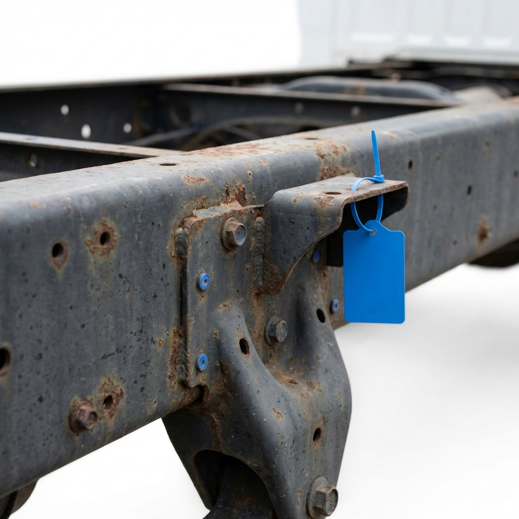Close up inspection photo of a truck frame rail and suspension mount with visible rust and mounting points ideal for pick up trucks for sale listing