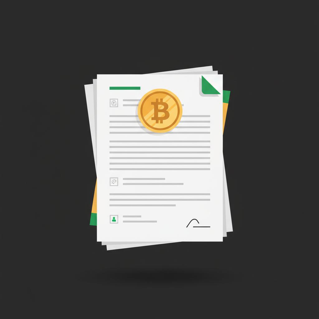 Minimalist 2D vector of stacked legal documents with a Bitcoin coin on top illustrating Tesla bitcoin sale with warm accent lighting and Finance Police green highlights on dark background