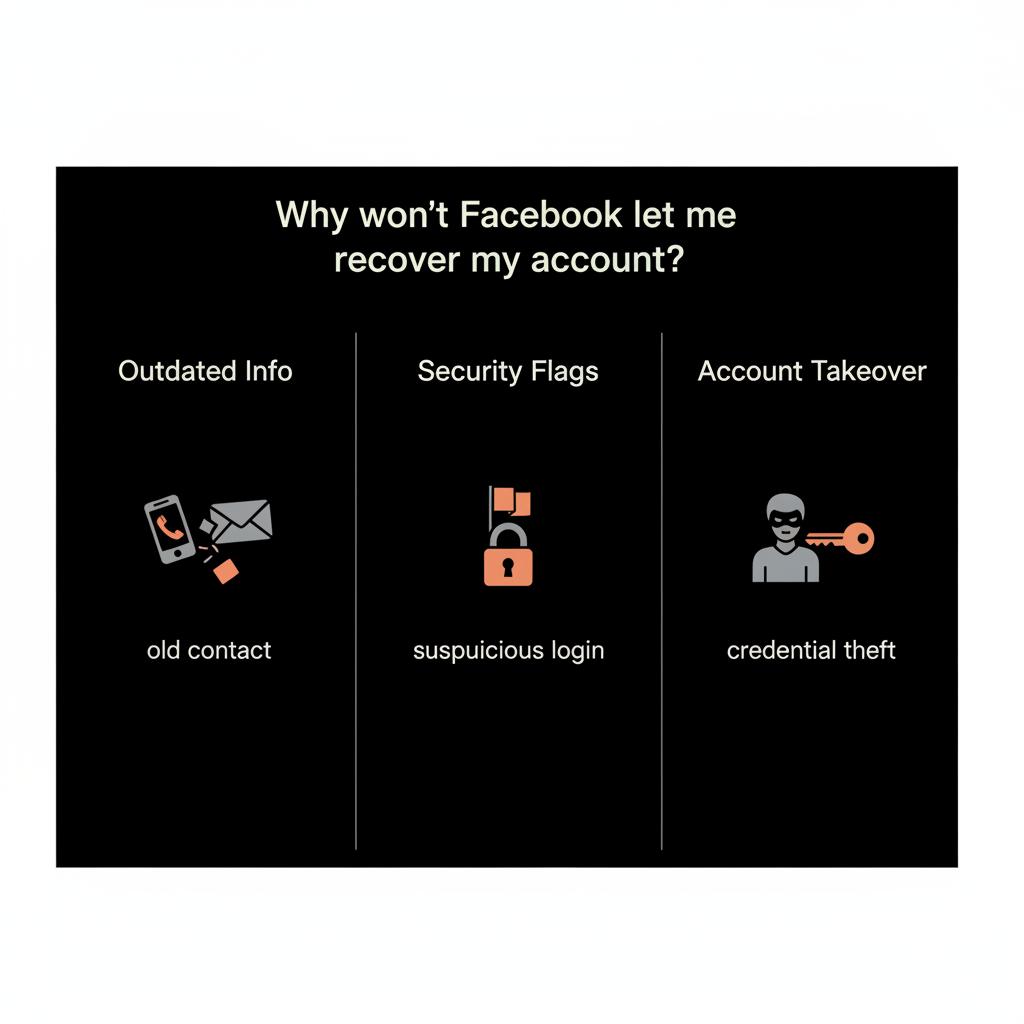 Minimal three-column infographic on black background showing reasons Why won't Facebook let me recover my account? — Outdated Info, Security Flags, Account Takeover with simple vector icons.