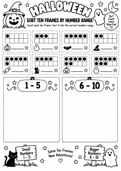 Halloween Sort Ten Frames by Number Range