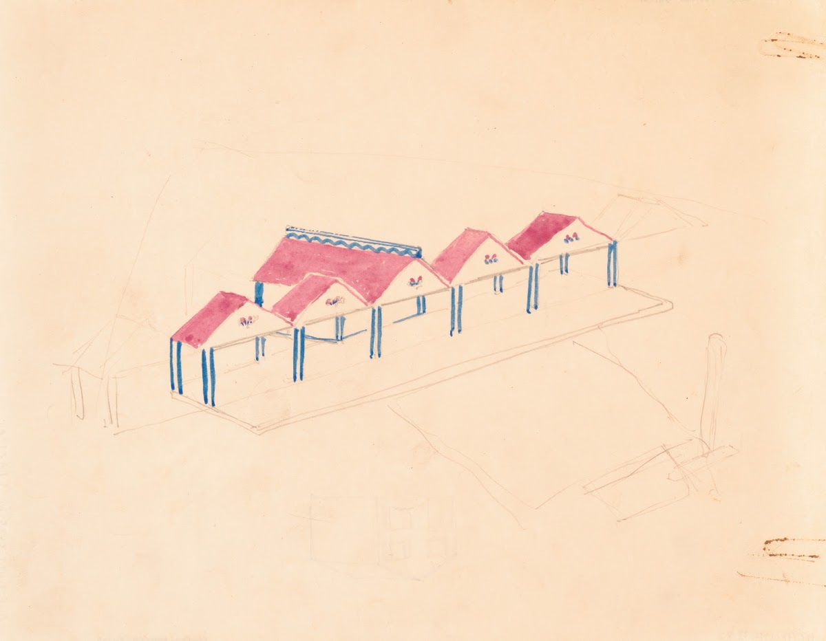 Designs for roadhouse or terrace restaurant Perspective elevation showing terrac