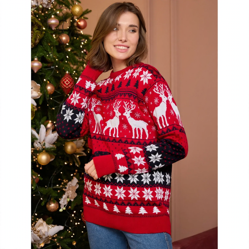Unisex Knit Sweater with Reindeer Motif