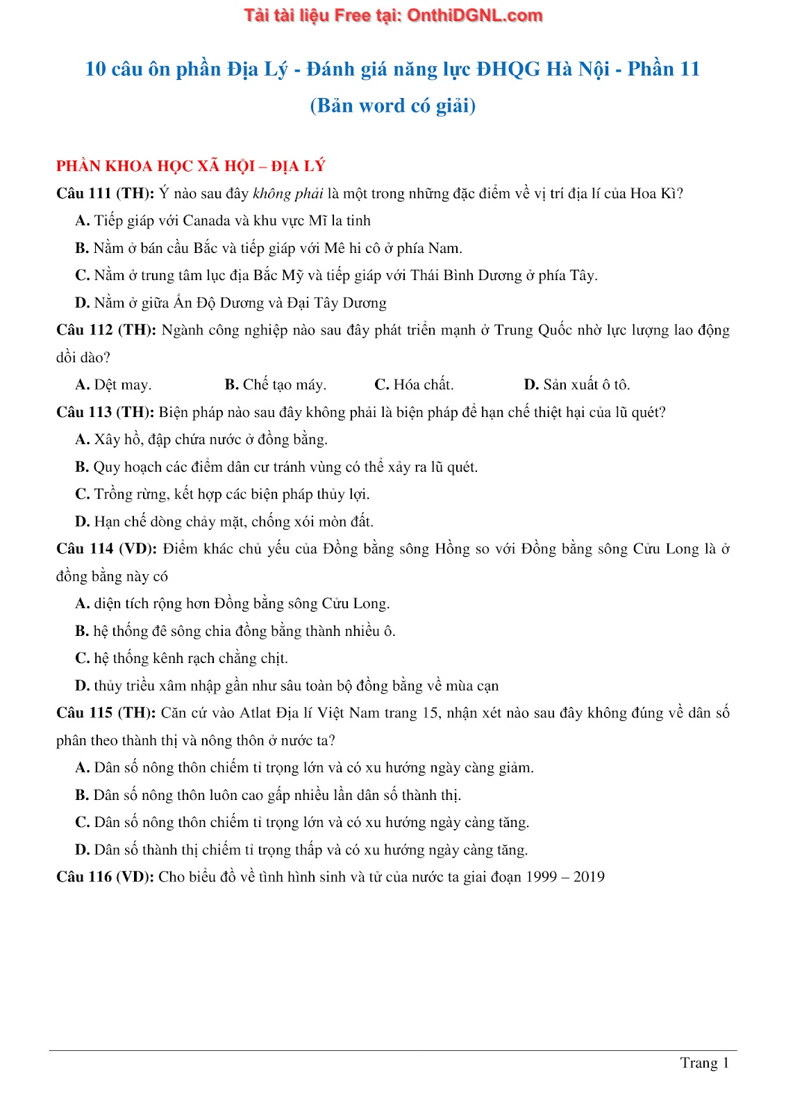 150bài tập môn Địa Lý - Ôn thi ĐGNL ĐHQG TP hà nội Phần 11