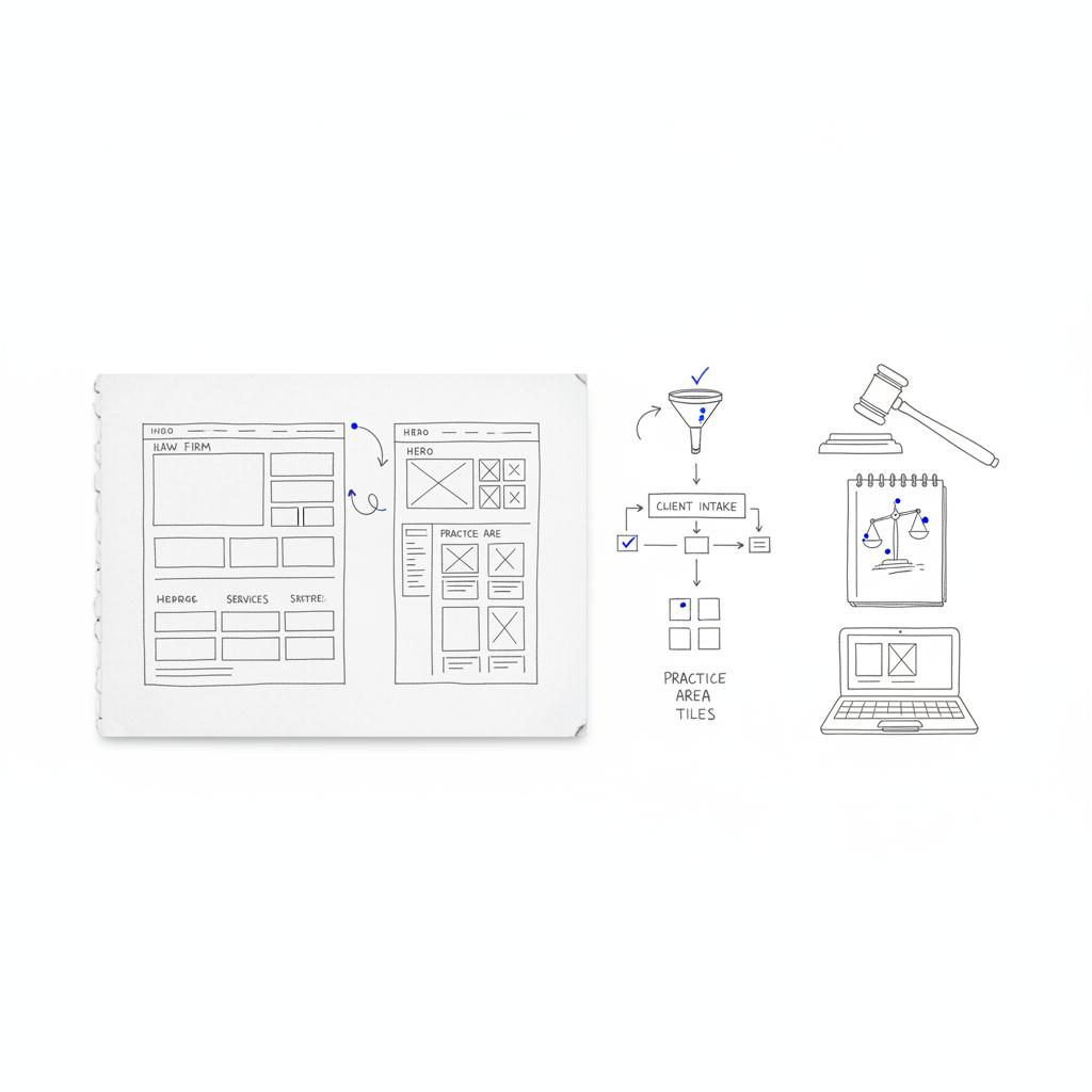 Top-down flat-lay of legal office tools and hand-drawn law firm homepage and practice-area wireframes on a white notebook page, minimal annotations in #1a5bfb &mdash; law firm website builders