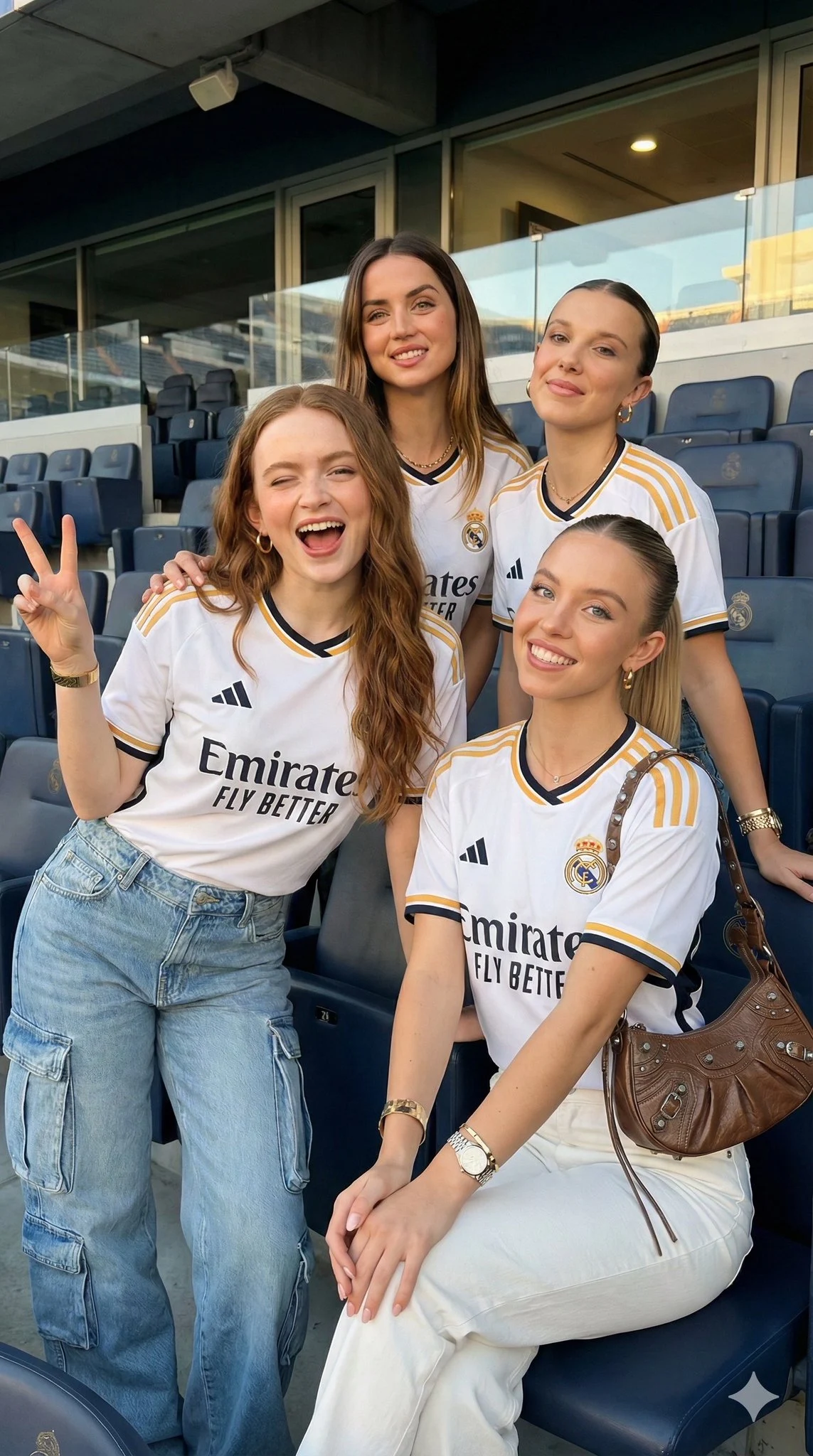 Cuatro jóvenes en un estadio de fútbol, ​​vistiendo camisetas del Real Madrid, una escena vibrante bajo luz natural.