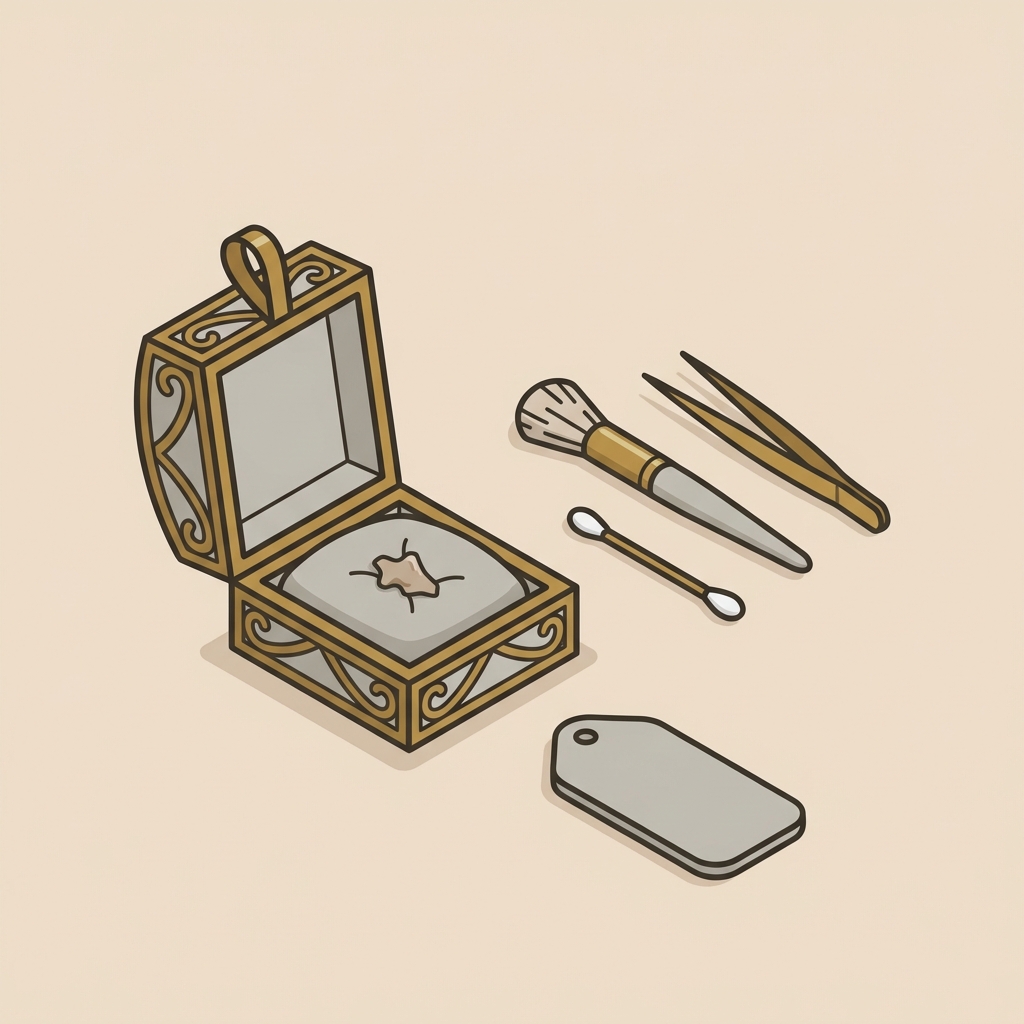 Minimal 2D vector interior view of an opened medieval pendant reliquary beside conservation tools and a blank conservator label on a warm beige background