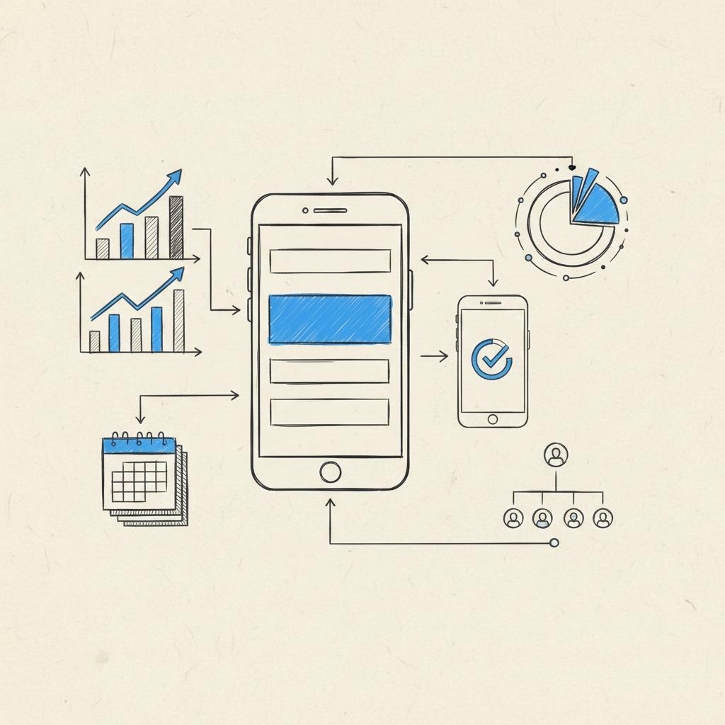 Notebook-style sketch of a mobile-first registration flow for an event website: phone outline with headline, ticket CTA, short form, confirmation, analytics graphs and calendar doodle.
