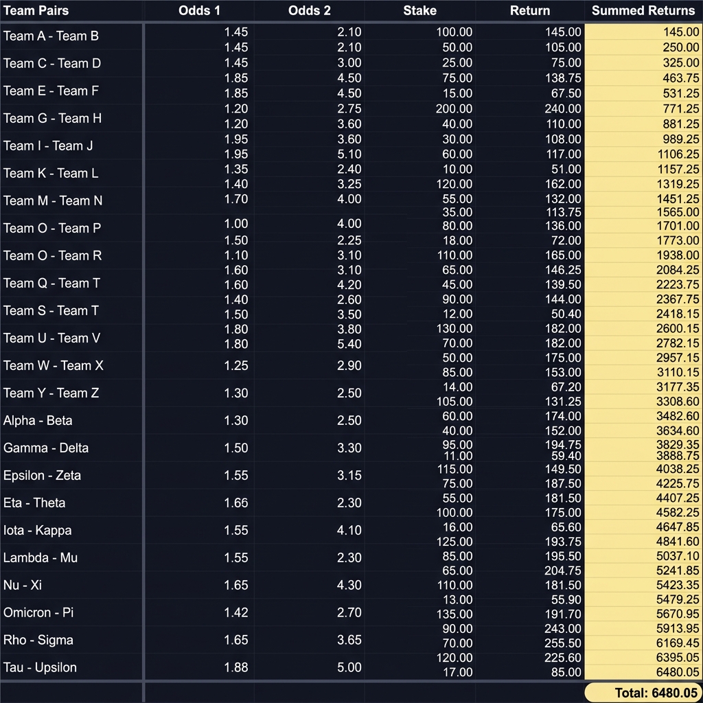 Full frame screenshot of a round robin odds calculator spreadsheet showing combination rows decimal odds columns and summed returns highlighted in pale yellow