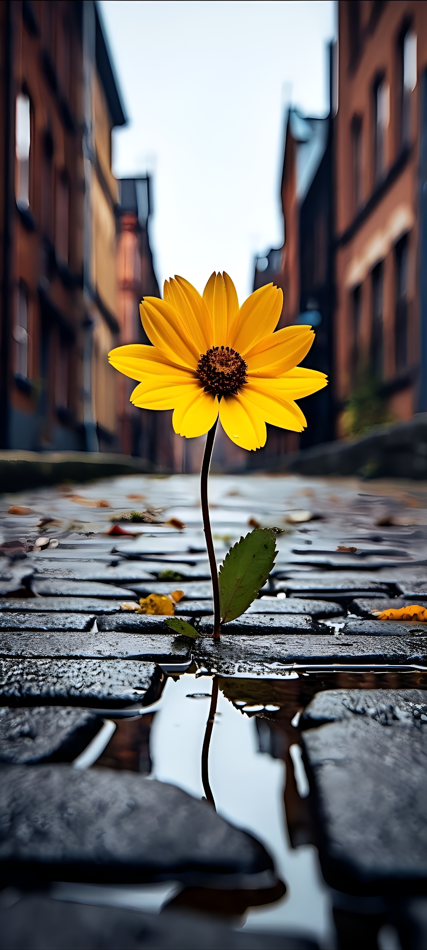Bright Yellow Bloom in Dark City Alleyway Pavement - Free 4K mobile Wallpaper