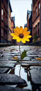 Bright Yellow Bloom in Dark City Alleyway Pavement