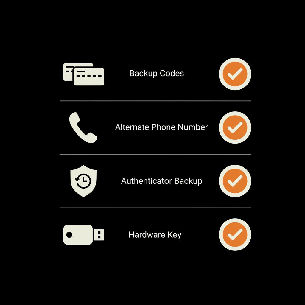 Minimal vector checklist for two-factor authentication showing icons for backup codes, alternate phone number, authenticator backup, and hardware security key in Social Success Hub brand colors.