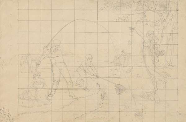 Allegorical scene in which goddesses offer packets to fisherman who eagerly use