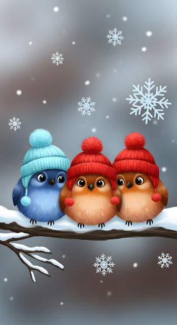 Adorable Fluffy Winter Birds Wearing Knitted Pom Pom Hats - Free mobile Wallpaper