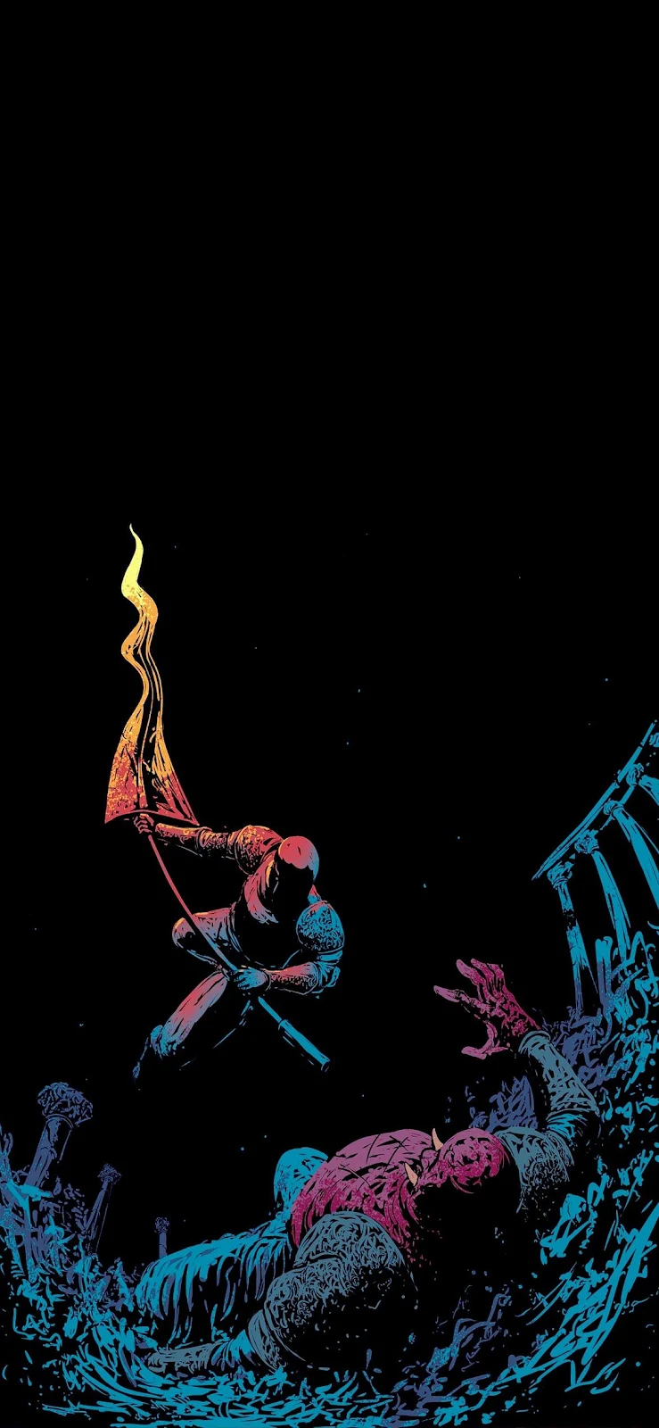 Ninja Warrior With Flaming Banner - Comic Book Art Full HD iPhone Wallpaper (1172x2539)