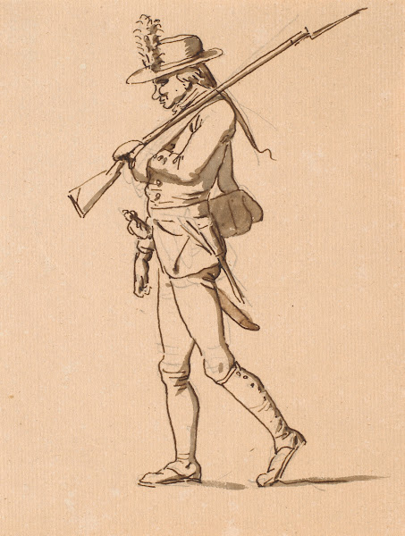 Karikatur af en soldat i profil til venstre Hans venstre arm ligger i bind men b