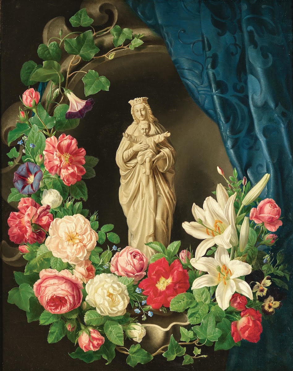 Madonna with child in a floral tendrils of roses lilies and vetches