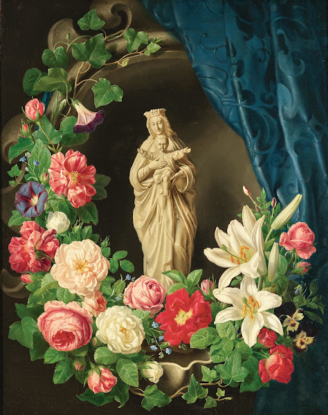 Madonna with child in a floral tendrils of roses lilies and vetches