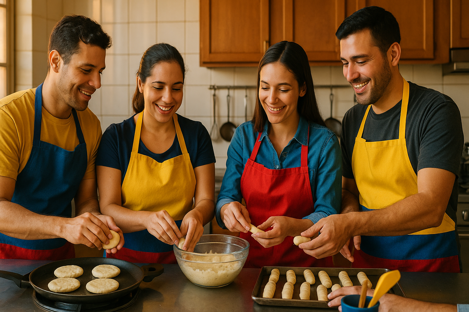 Emprendedores venezolanos preparando arepas en una cocina compartida con ambiente de cooperación.