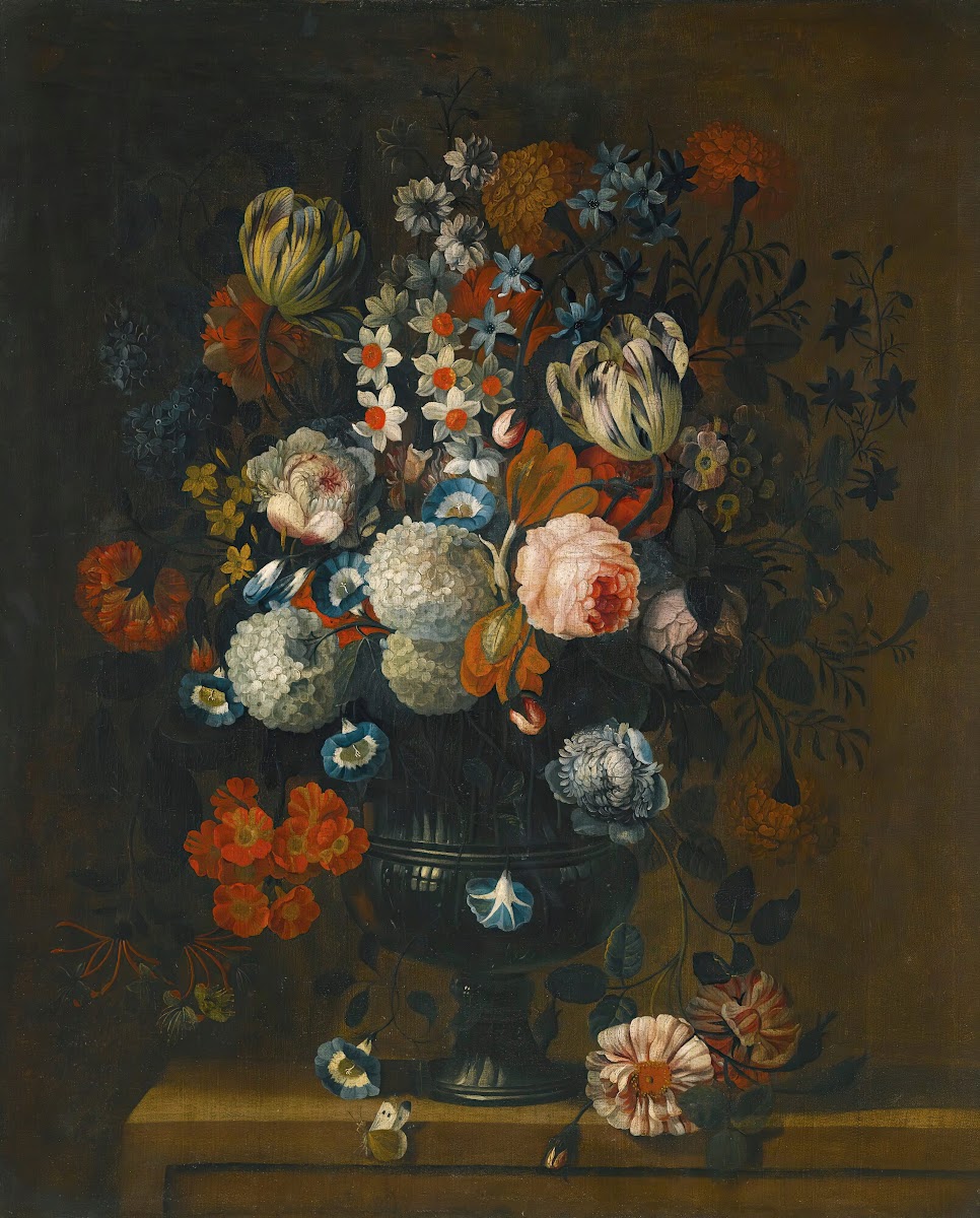 Still Life Of Roses Variegated Tulips Peonies Daffodils And Other Flowers In A S