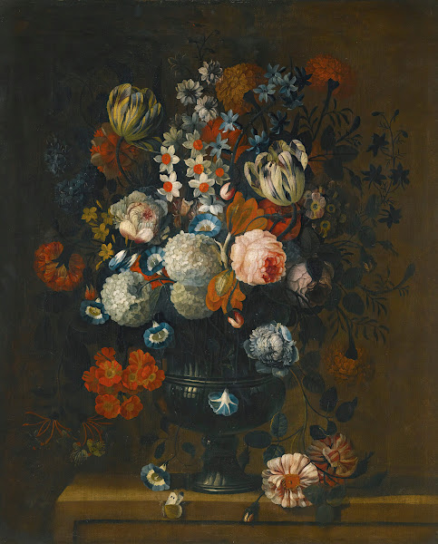 Still Life Of Roses Variegated Tulips Peonies Daffodils And Other Flowers In A S
