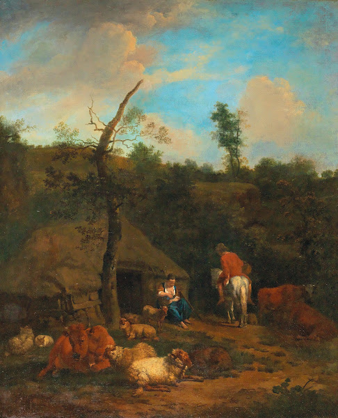 A herdsman and a shepherdess in front of a wooden farmhouse