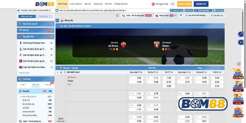 Bảng tỷ lệ kèo trận AS Roma vs Torino ngày 14/01/2026