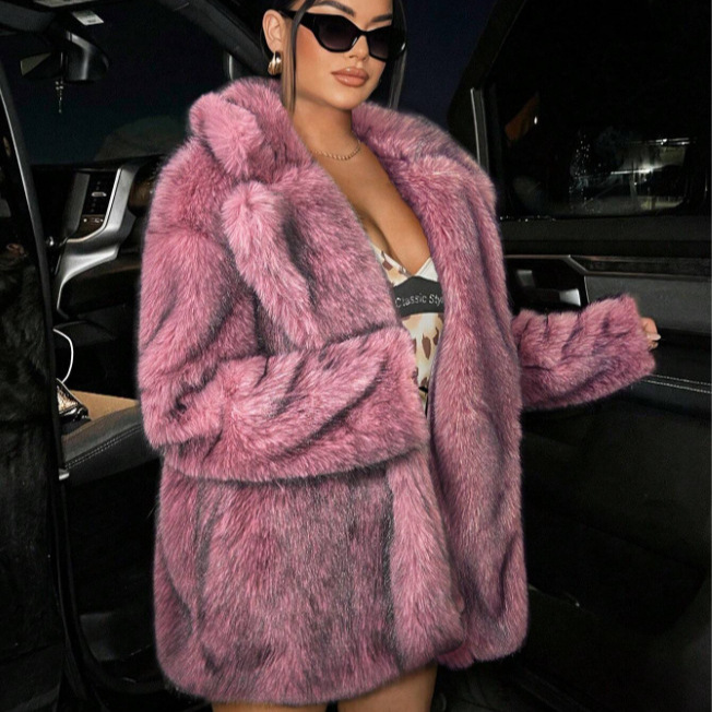 Long faux fur coat with lapel collar