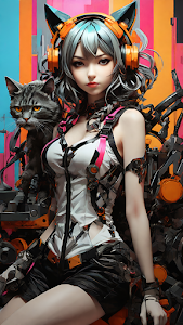 Futuristic Anime Style Portrait Techwear Girl and Tabby Cat
