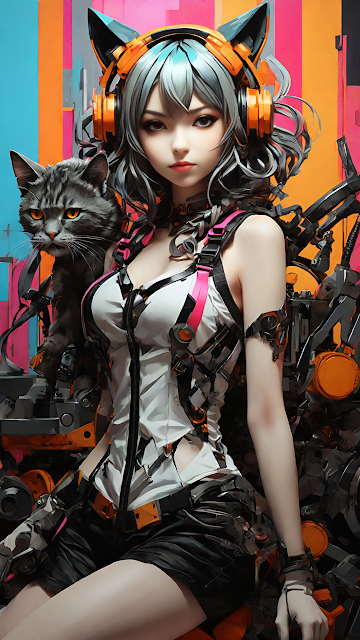 Futuristic Anime Style Portrait Techwear Girl and Tabby Cat - Free mobile Wallpaper