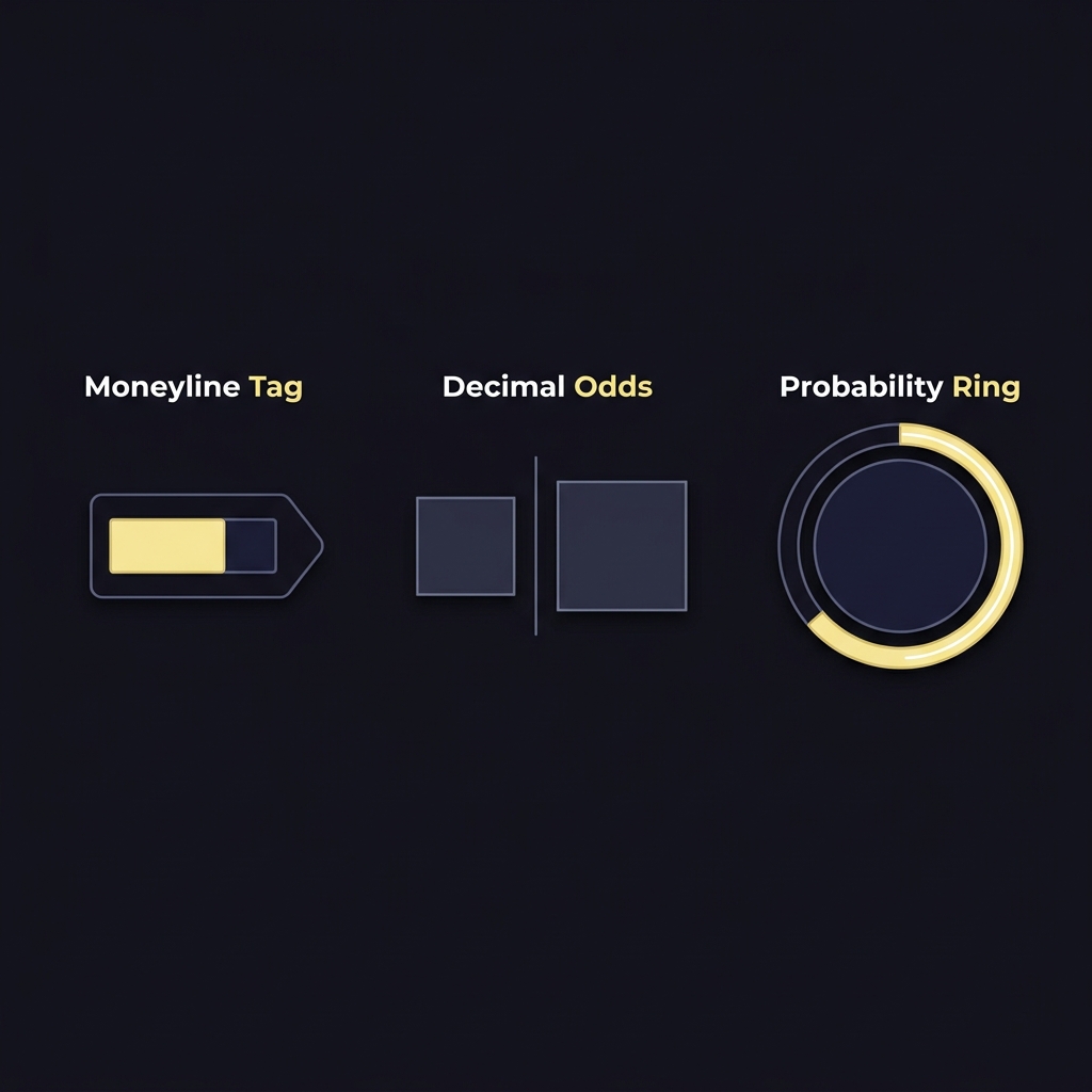 Minimalist 2D vector infographic showing conversion of American moneyline negative one seventy five to decimal one point five seven and implied probability sixty three point six percent visualized with proportional payout square and circular probability ring boxing fight odds tonight