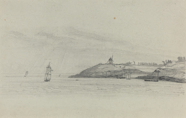 Coastal Landscape with Shipping Windmill in Distance c 1858