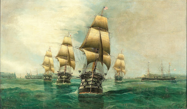 A Fleet Parade of American French Ships in the Background a Harbour Exit 1875
