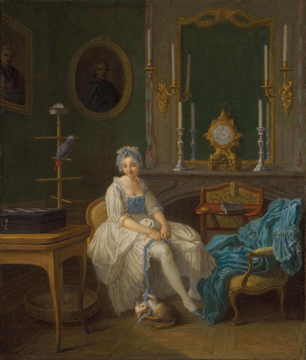 The interior of a boudoir with a lady in a white and blue dress 1769