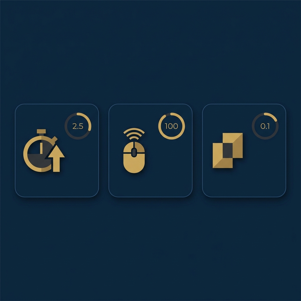 Minimal 2D vector infographic showing three Core Web Vitals icons for LCP FID and CLS in Orvus Ltd colors for content optimization