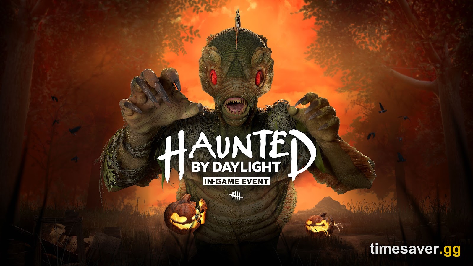 Haunted by Daylight in-game event key art with a green scaled creature looming over carved pumpkins in an orange autumn forest