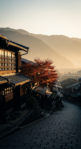 Golden Hour on Traditional Japanese Post Town Cobblestone Street with Red Maple