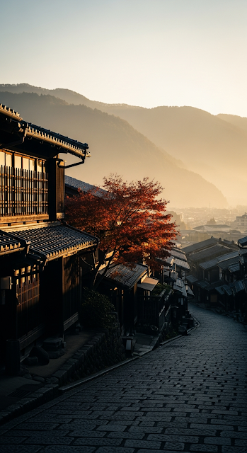 Golden Hour on Traditional Japanese Post Town Cobblestone Street with Red Maple - Free mobile Wallpaper