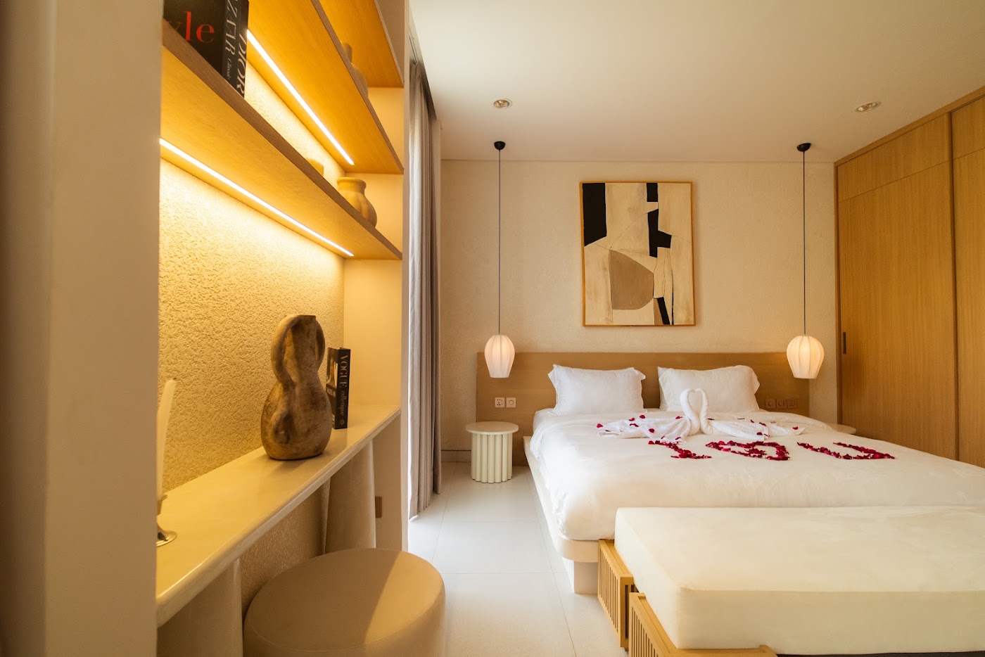 King bedroom styled for a romantic honeymoon stay at La Calma villa Uluwatu