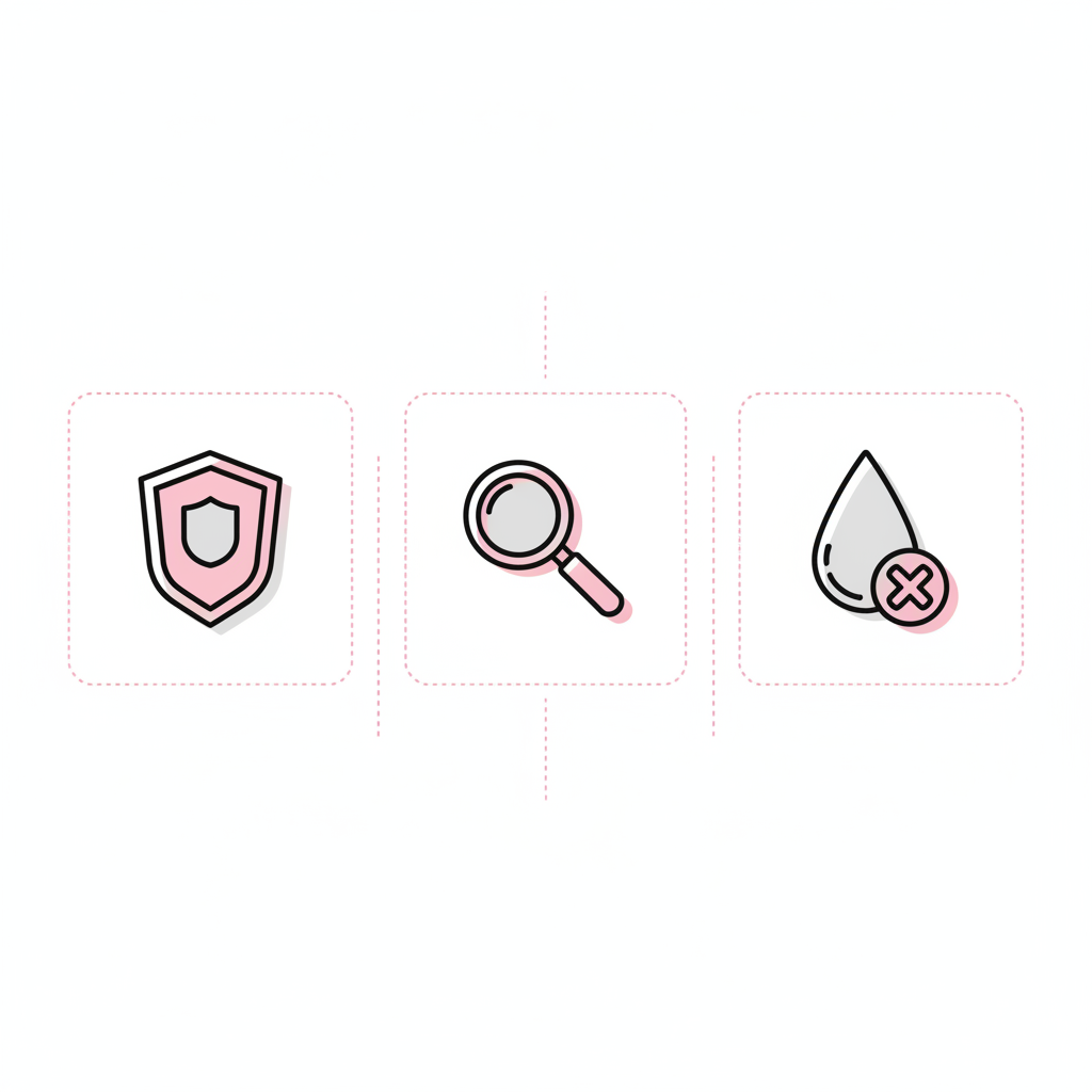 Minimalistische 2D-Vektor-Infografik mit drei Icons (Schild, Nagel mit Lupe, Tropfen mit X) zur Darstellung von Ursachen und Pflege bei Nagelpilz durch Stress.