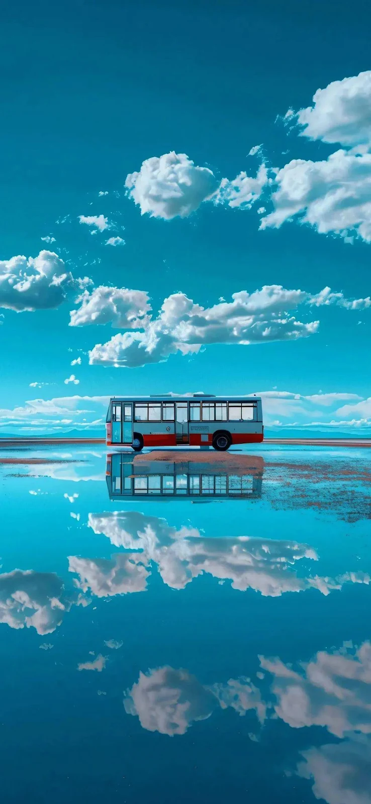 Bus Reflection on Salt Flat - Minimalist Photography Full HD iPhone Wallpaper (1080x2341)
