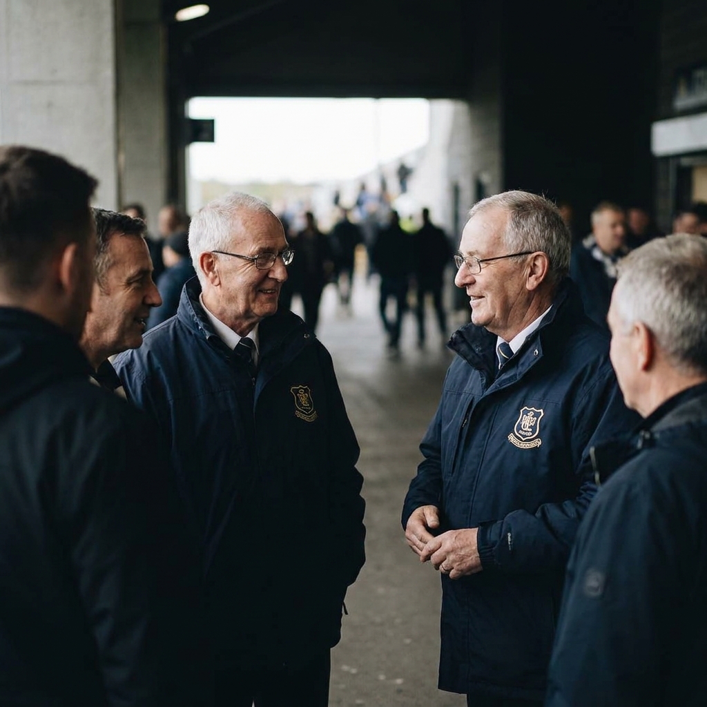 Close up candid documentary photo of matchday stewards calmly speaking with supporters on a stadium concourse minimal composition and neutral lighting fulham prediction