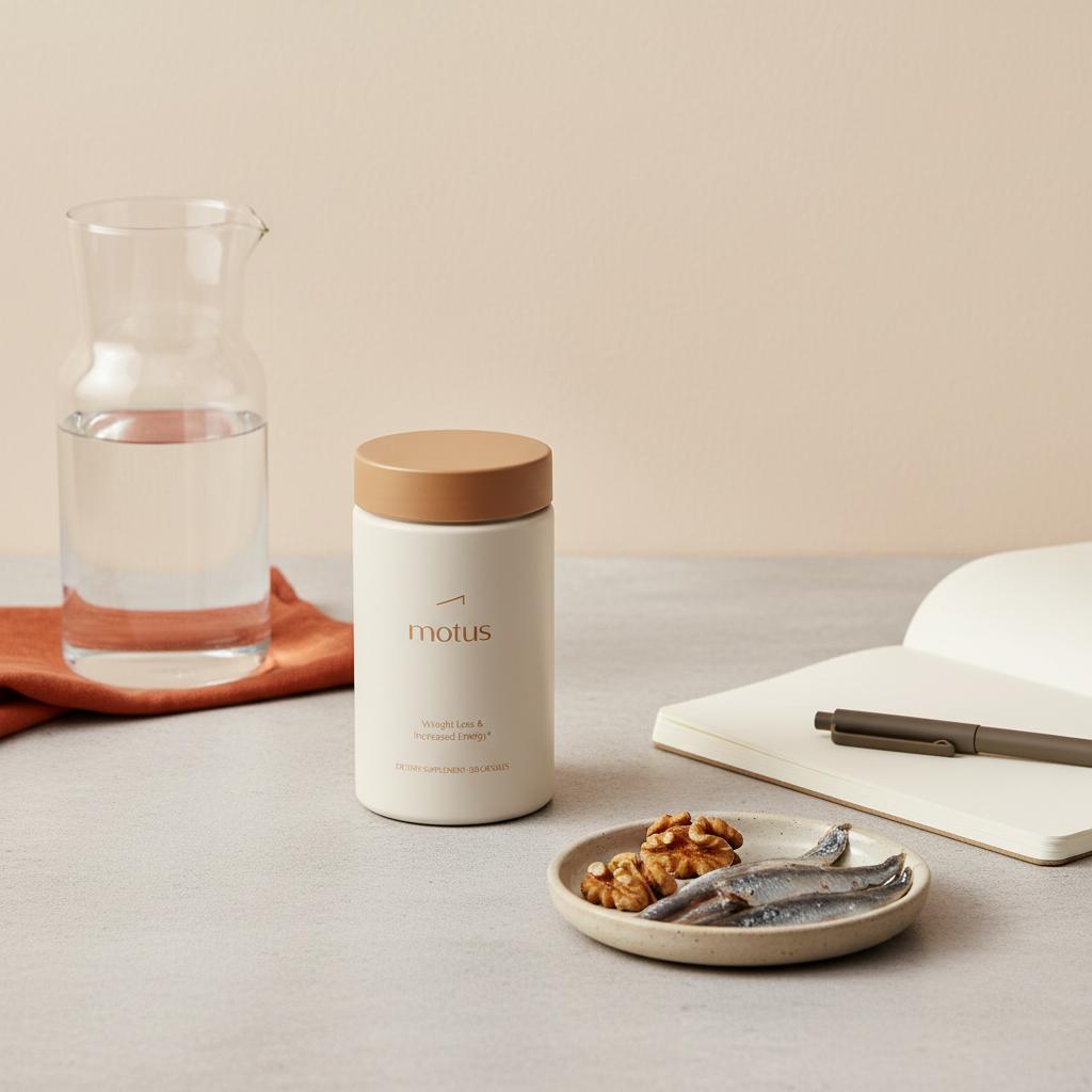 Nouro supplement container on light stone countertop with glass carafe, open notebook and dish of walnuts and anchovies in a minimalist Tonum scene for best brain boosting supplement