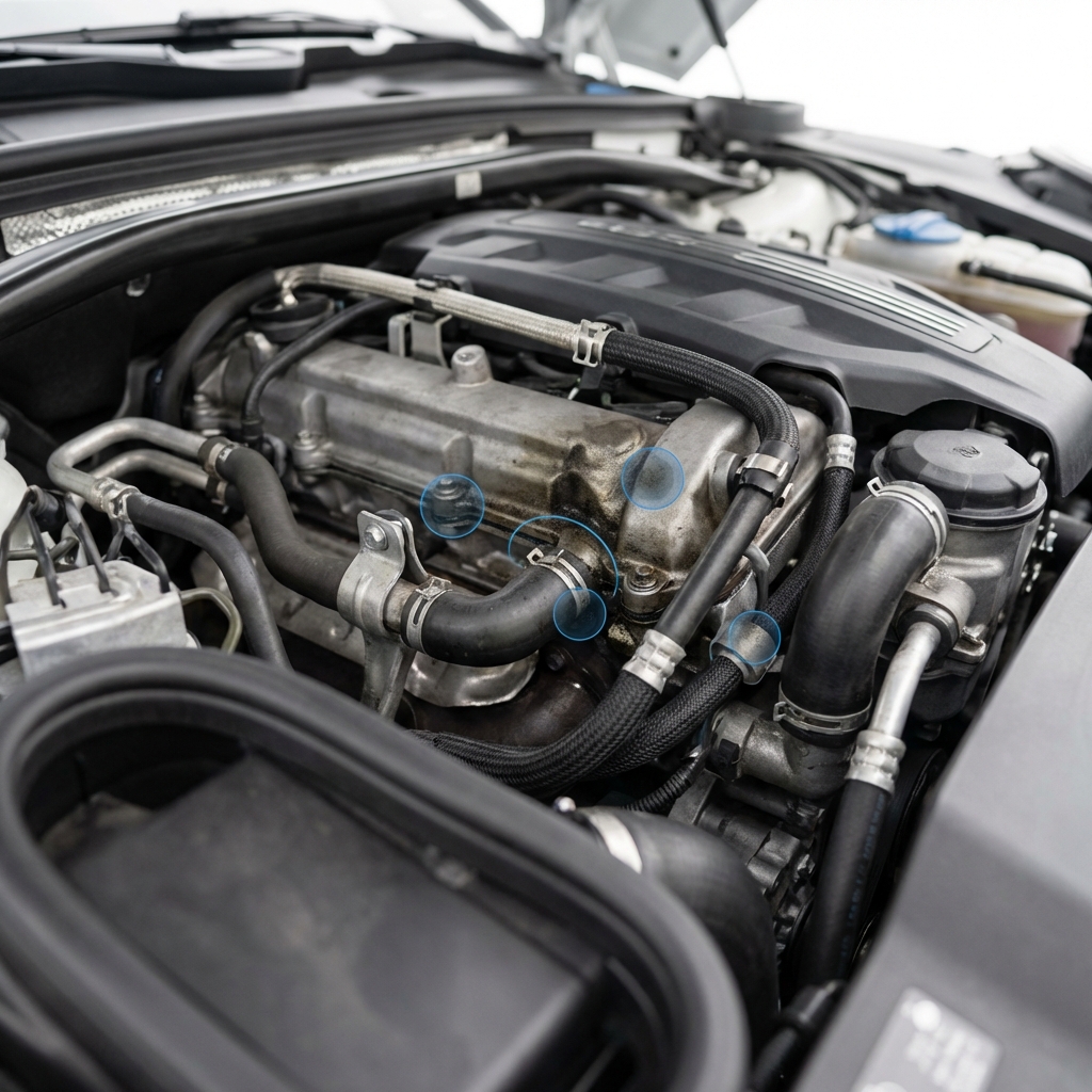 Close up of a Porsche Macan engine bay showing oil stain areas and hose connections for inspection points porsche macan for sale