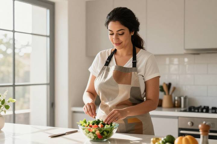  امرأة عربية تحضر سلطة الأعشاب الطازجة في المطبخ