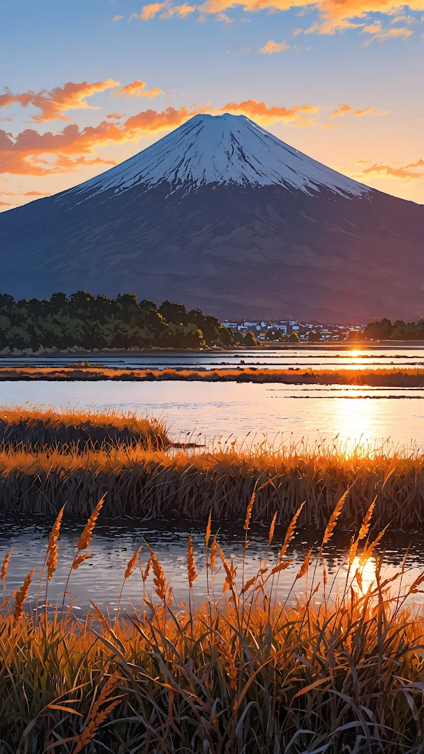 Mount Fuji Sunset over Golden Marshland Illustration