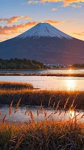 Mount Fuji Sunset over Golden Marshland Illustration