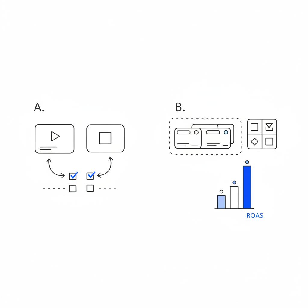 Minimal vector sketch comparing A/B tests of Facebook ad formats: short video vs single-image thumbnail and three-card carousel vs DPA with arrows, checkboxes and ROAS bar chart