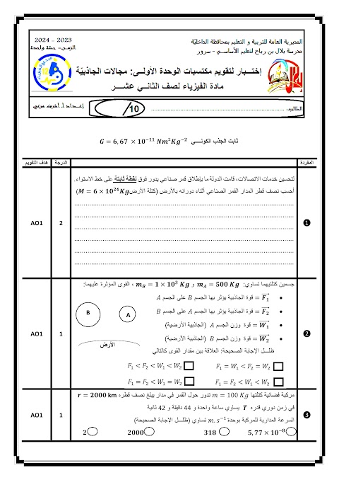 اختبار تقويم للوحدتين الأولى والثانية - إعداد أشرف مرعي - فيزياء الصف 12 الفصل 1
