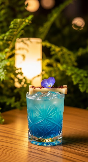 Vibrant Blue Cocktail Garnished with Pansy Flower and Ice - Free mobile Wallpaper